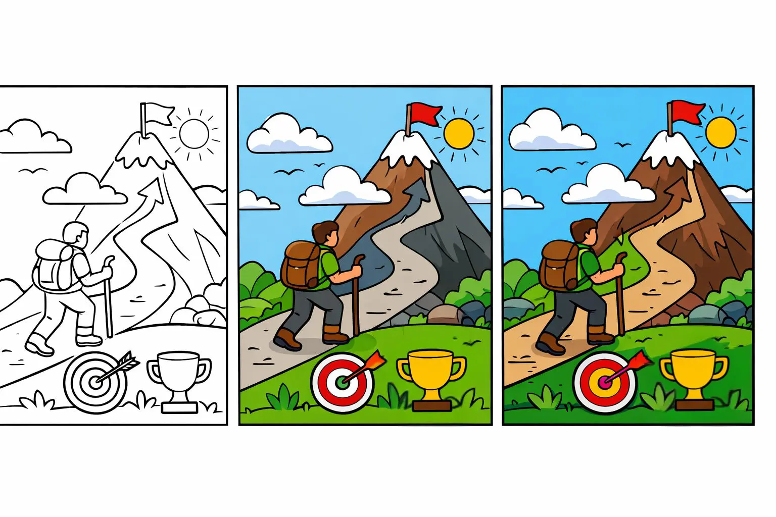 Simple coloring page progression showing three stages—blank page, partially colored, completed—representing accomplishment and forward movement. mindfulness meditation