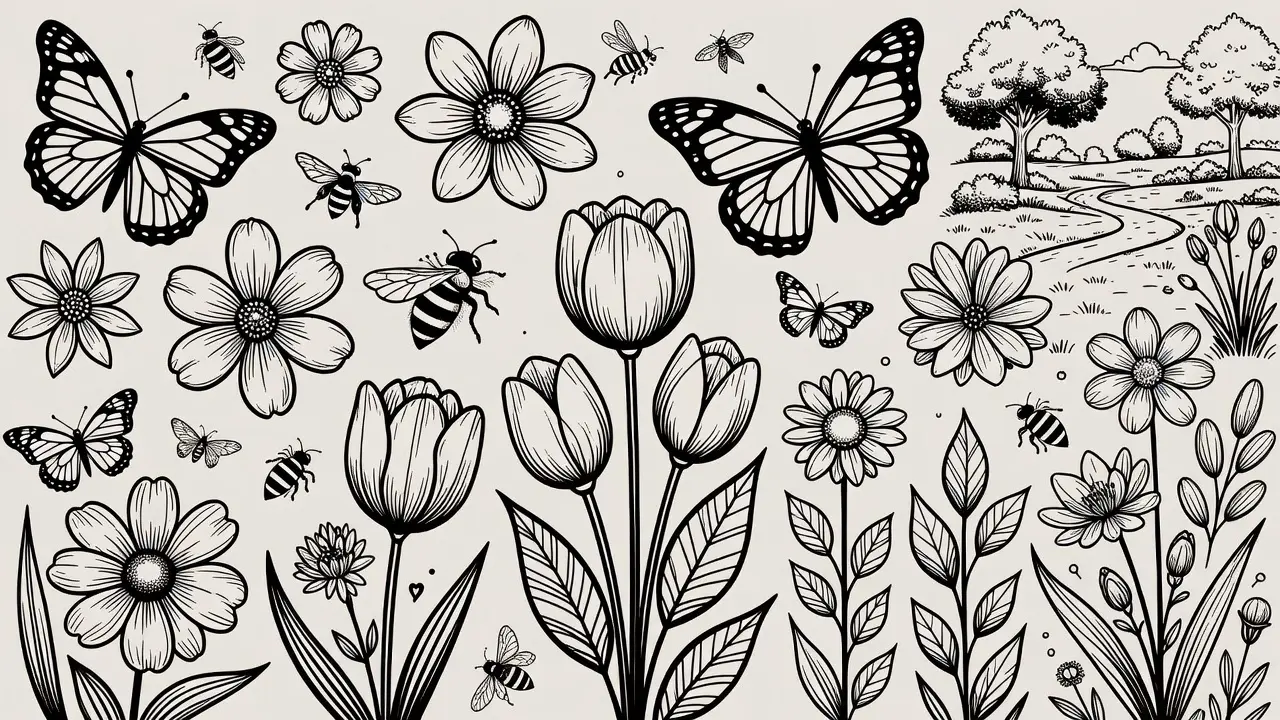 Spring-themed coloring pages with flowers, butterflies, and garden illustrations for relaxation. holiday coloring pages