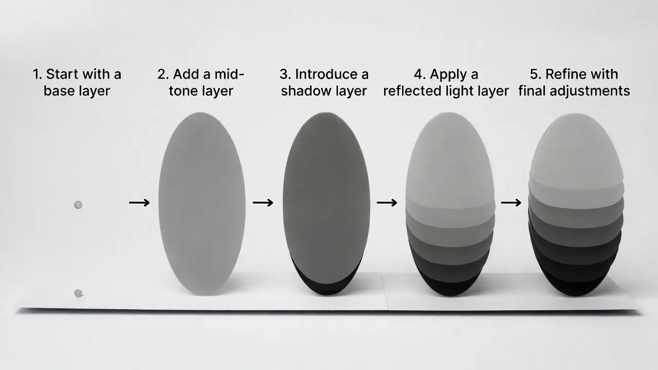 Step-by-step layering technique demonstration showing five progressive stages of shading. shading techniques for coloring