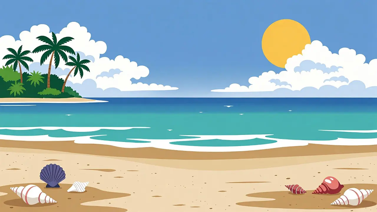 Summer coloring page showing beach, sun, and tropical vacation illustration