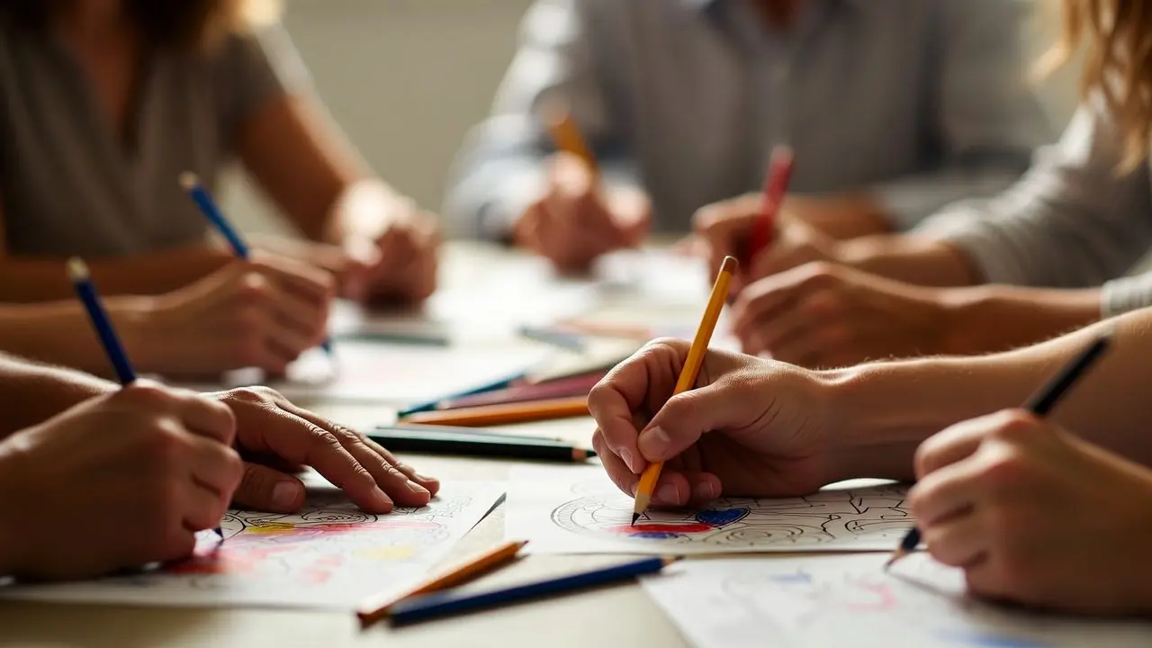 Supportive community sharing art and emotions through coloring activities