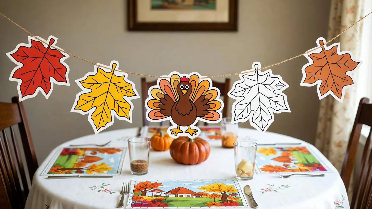 Thanksgiving table decorated with finished coloring page placemats and coloring page garland centerpiece