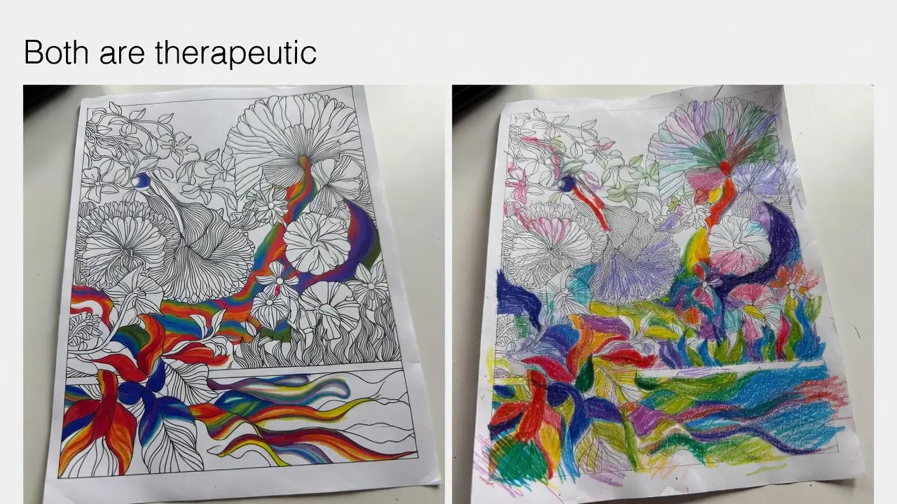 Two finished coloring pages side by side—one "perfectly" colored within lines with sophisticated shading, one "imperfectly" colored with colors outside lines—with a caption "Both are therapeutic. meditation techniques