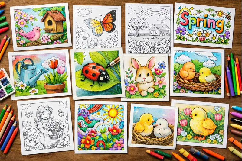 Collection of spring renewal coloring pages demonstrating various coloring styles and techniques. Printable spring coloring sheets