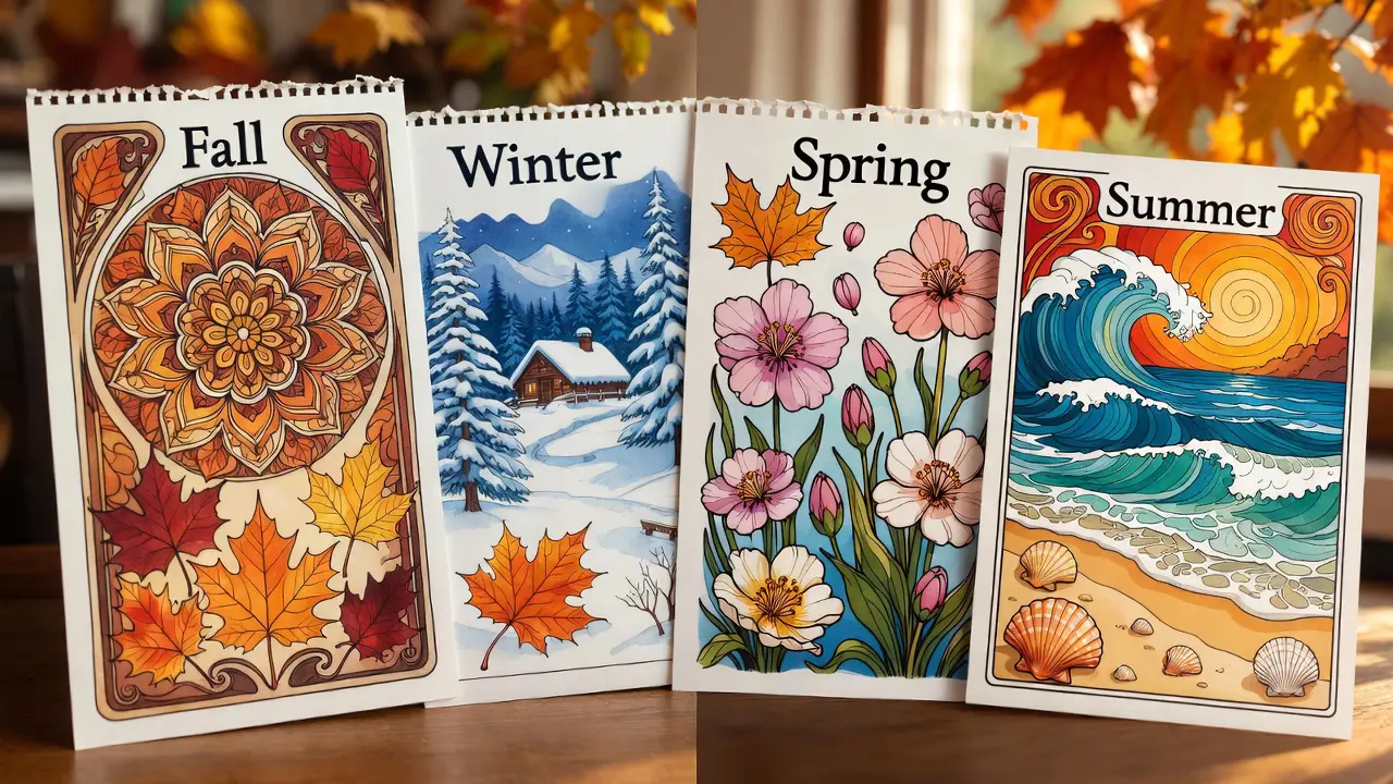 Visual seasonal coloring calendar showing representative coloring page designs for each season demonstrating year-round creative journey - fall coloring themes throughout the year. autumn coloring pages for adults