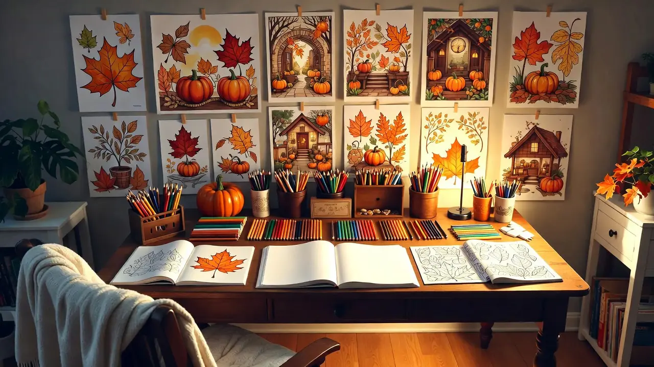 Welcoming autumn coloring station with organized supplies, inspiring fall designs displayed, and cozy chair ready for creative sessions - perfect setup for cozy coloring ideas
