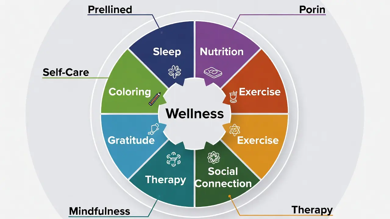 Wellness wheel diagram showing coloring as one spoke among others like sleep, nutrition, exercise, social connection, therapy, meditation. mindfulness practice 