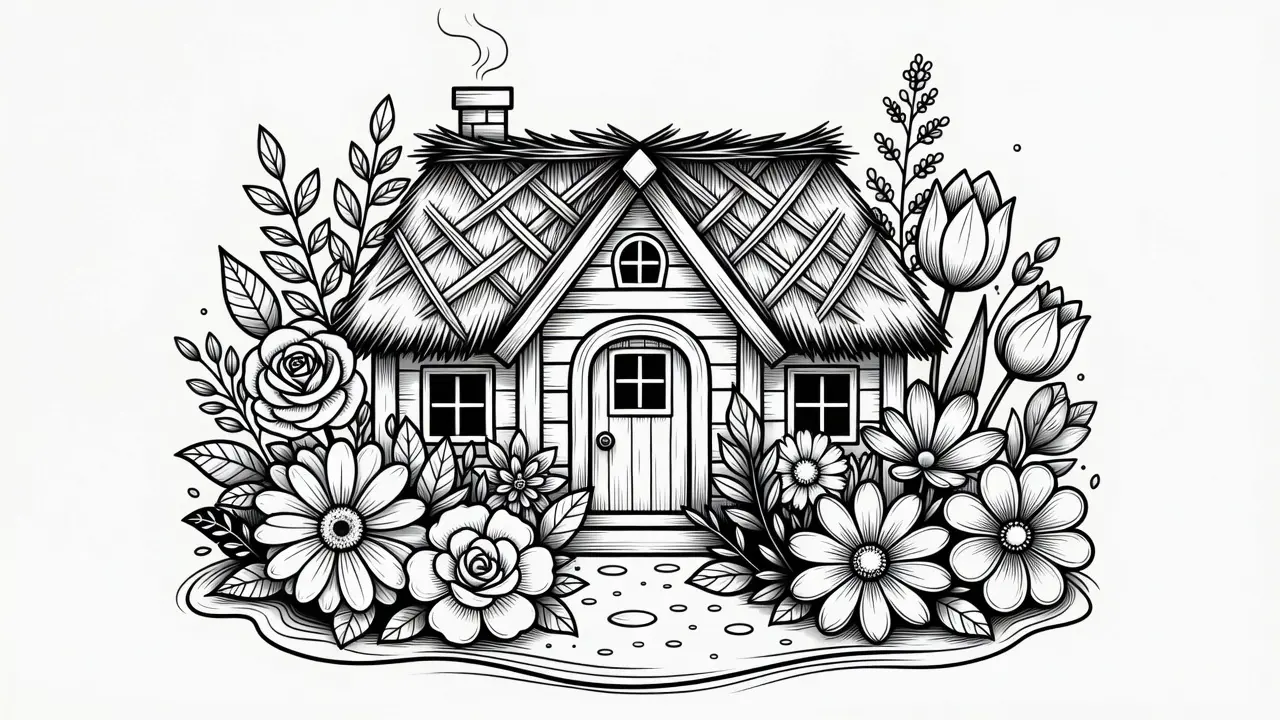 Whimsical cottage coloring page with detailed floral garden and cozy thatched roof for adults