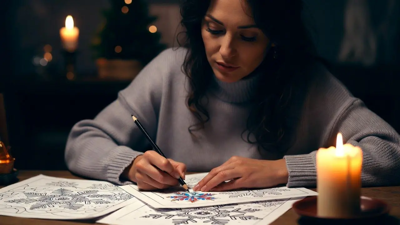 Woman peacefully coloring winter coloring pages for adults by candlelight as a stress-relief holiday ritual