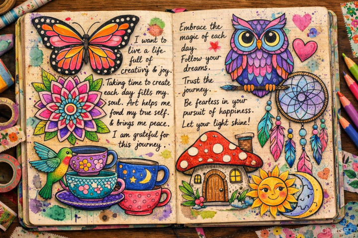 art journal spread with cut coloring page elements collaged onto pages with handwritten journaling over the top