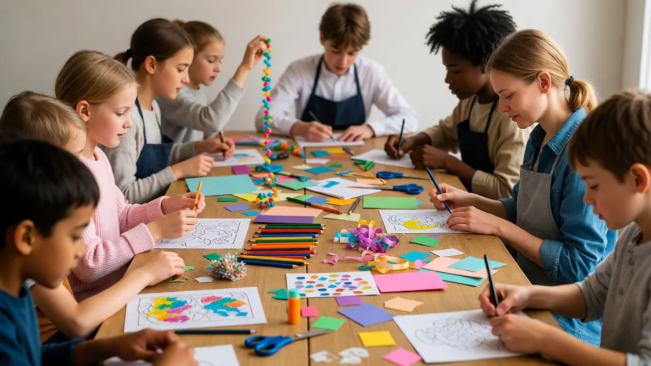 children and adults sitting together doing coloring page craft projects including scrapbooking, garlands, and card making