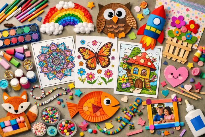 coloring supplies, finished coloring pages, and handmade craft projects arranged in a flat lay showing creative possibilities. flat lay of hand craft ideas and DIY home decor supplies on a wooden table