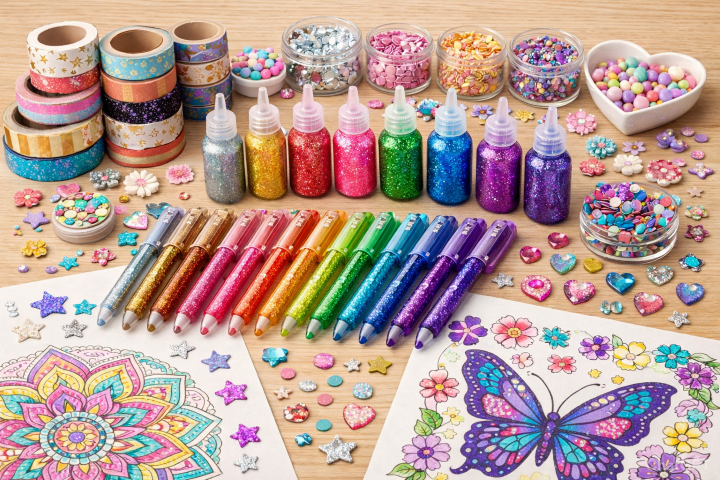 coloring supplies including washi tape, glitter glue, gel pens, and embellishments arranged on a desk for decorating finished coloring pages