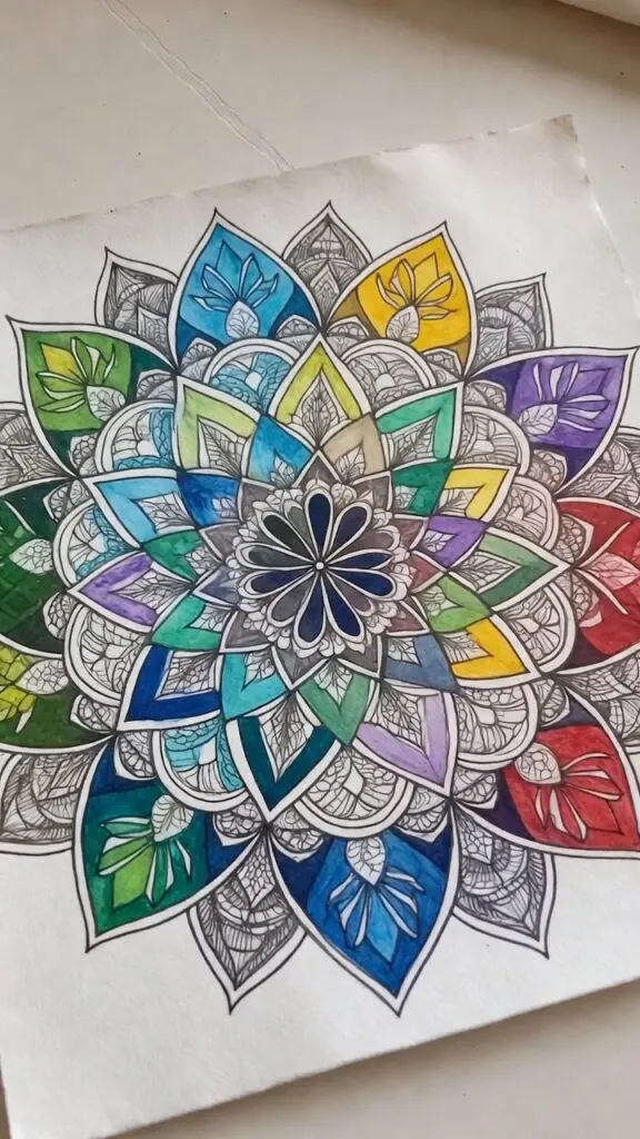 completed mandala coloring example showcasing intricate patterns, smooth shading, and balanced color harmony