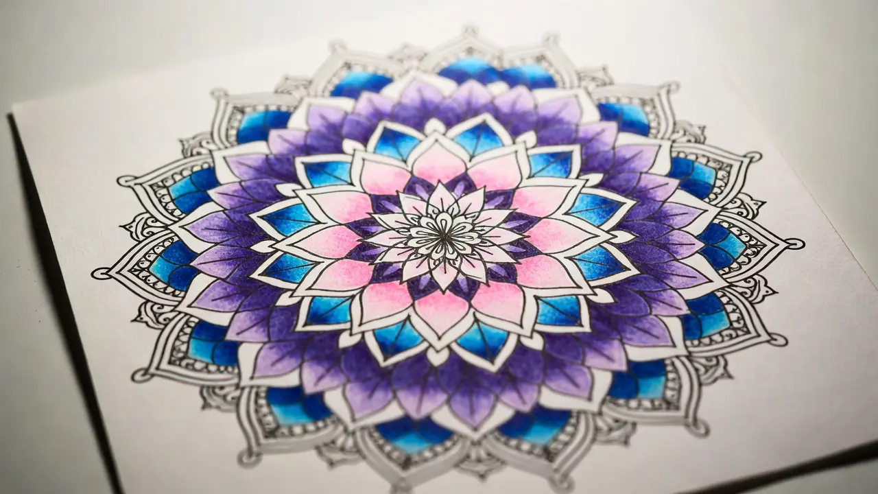 completed mandala coloring example showcasing intricate patterns, smooth shading, and balanced color harmony. mandala coloring techniques for beginners