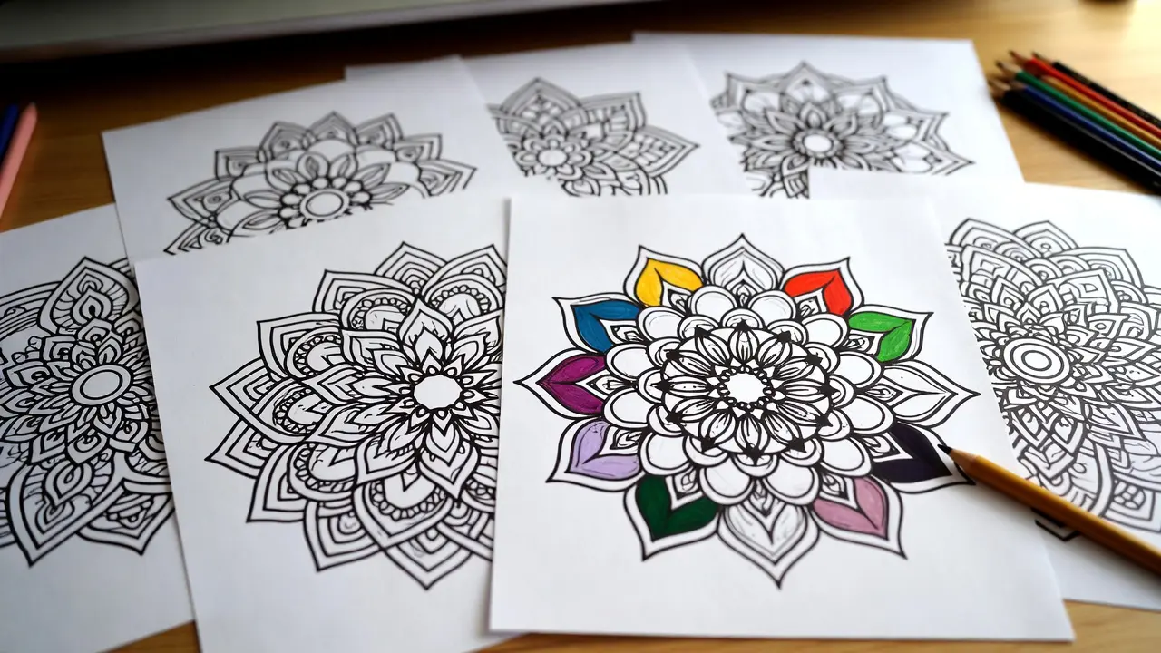 downloadable coloring pages for adults, printed and colored with pencils on a wooden desk