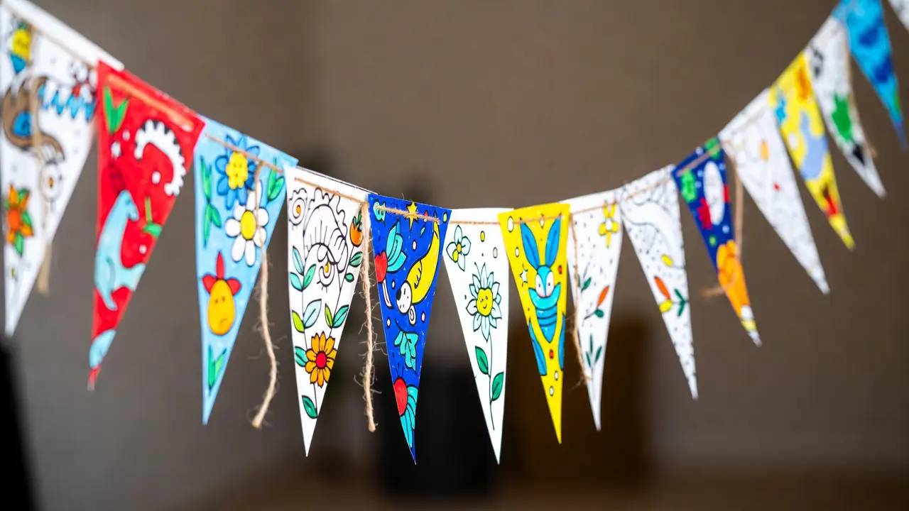 festive paper garland made from coloring pages cut into triangles and strung on twine for party decoration