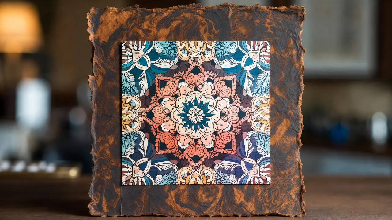 finished coloring page mounted on decorative textured cardstock backing before framing