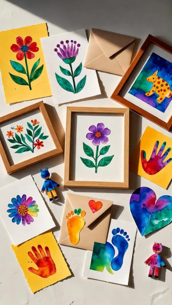 finished coloring pages transformed into framed wall art, greeting cards, and DIY crafts flat lay