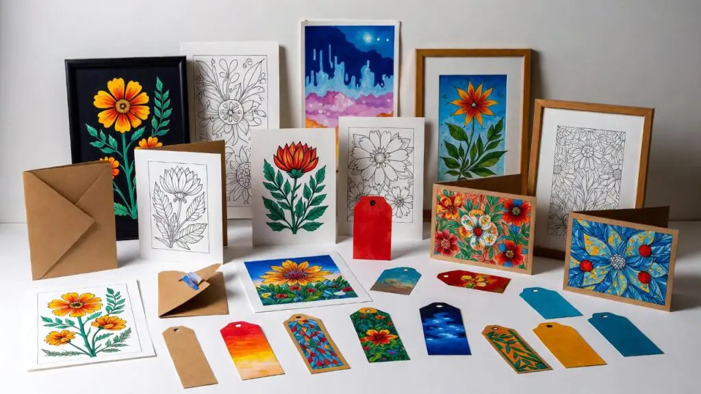 finished coloring pages transformed into framed wall art greeting cards and DIY crafts flat lay