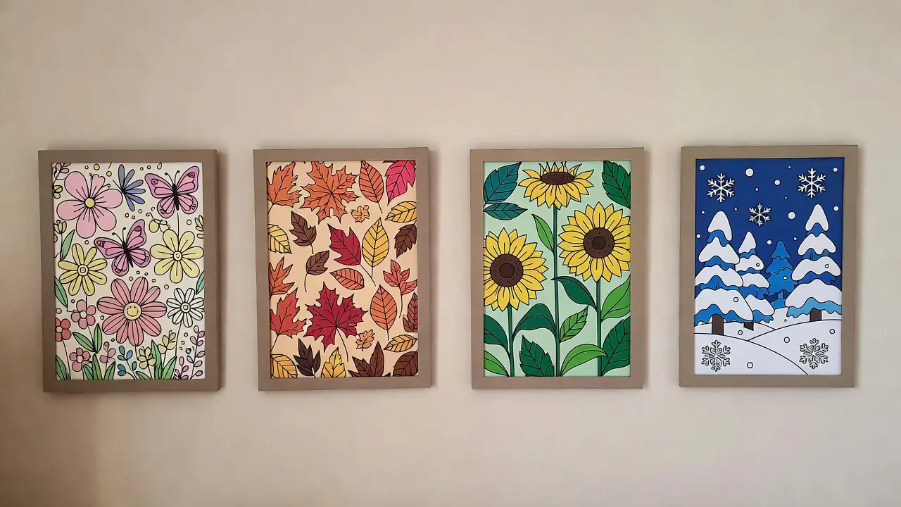 four framed coloring pages showing spring floral, autumn leaves, summer botanical, and winter snowscape for seasonal home decor