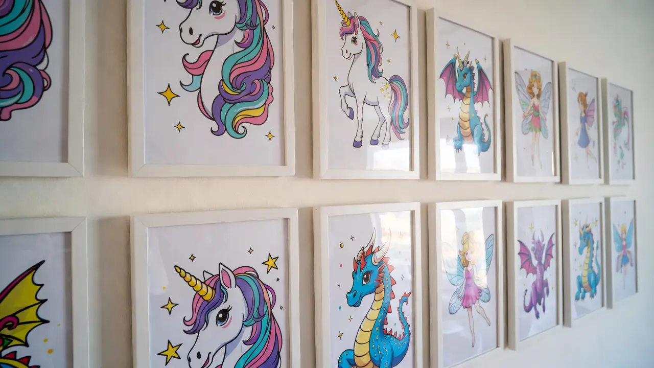 framed unicorn and magical creature coloring pages displayed as nursery wall art for children's room
