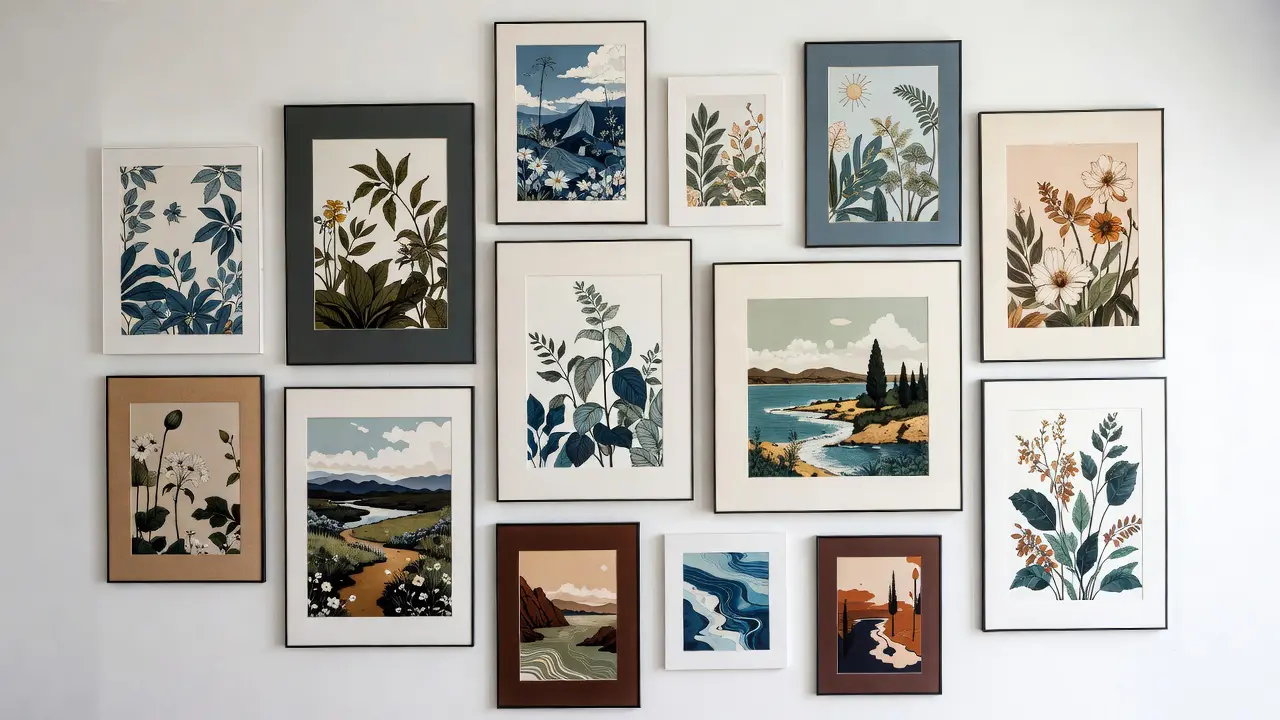 gallery wall of multiple framed coloring pages in matching frames with coordinated color palette