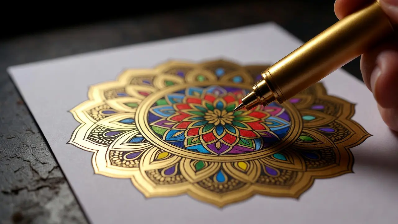 gold gel pen adding metallic outline details to a finished mandala coloring page