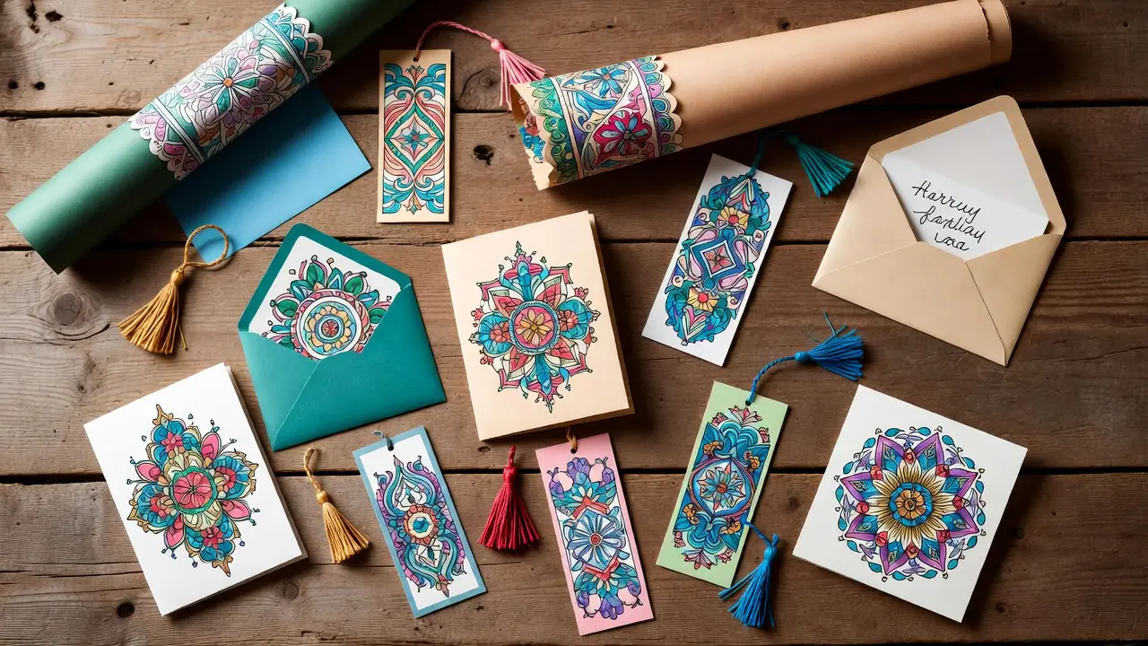 handmade gifts made from finished coloring pages including greeting cards, bookmarks, and gift wrap arranged on a wooden table