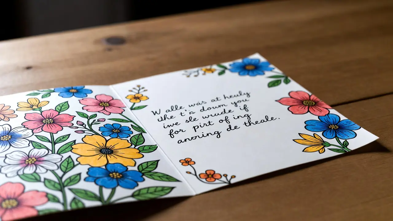 handmade greeting card made from a finished floral coloring page with handwritten message inside