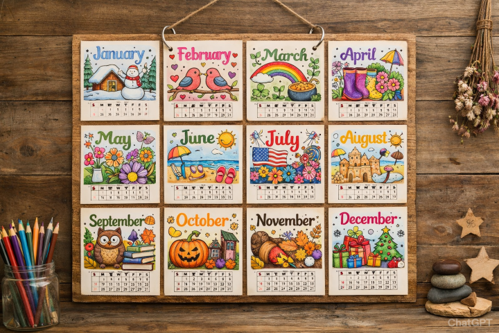 handmade wall art calendar assembled from twelve finished coloring pages bound with binder rings