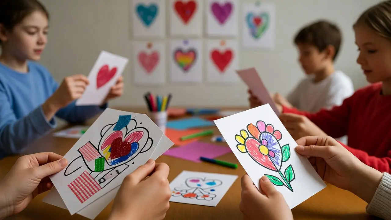 kids and teens decorating printable Valentine's Day cards made from finished coloring pages with glitter and washi tape