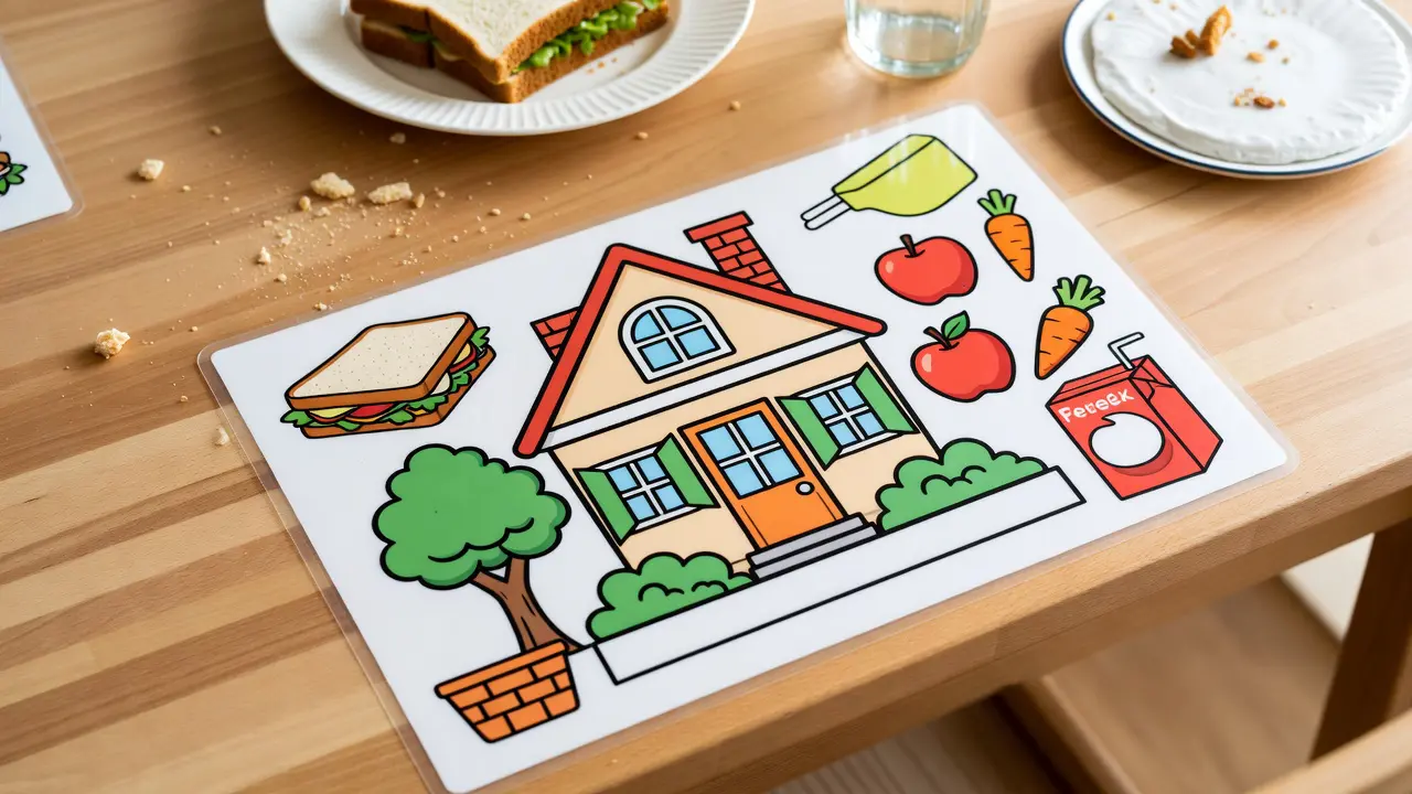 laminated coloring page placemat on a children's table set for a meal