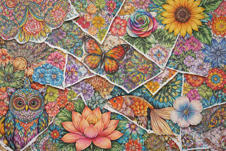 mixed media collage artwork created by cutting and layering pieces from multiple finished coloring pages