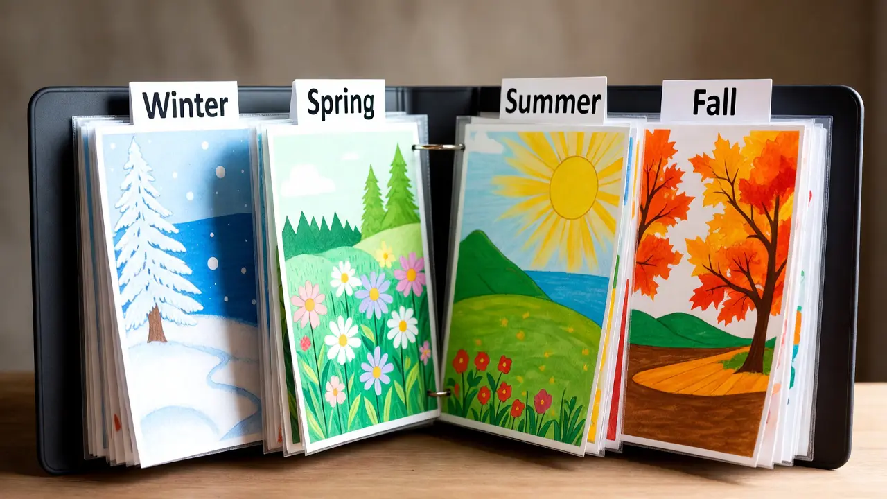 organized art portfolio binder containing finished coloring pages sorted by season with labeled dividers