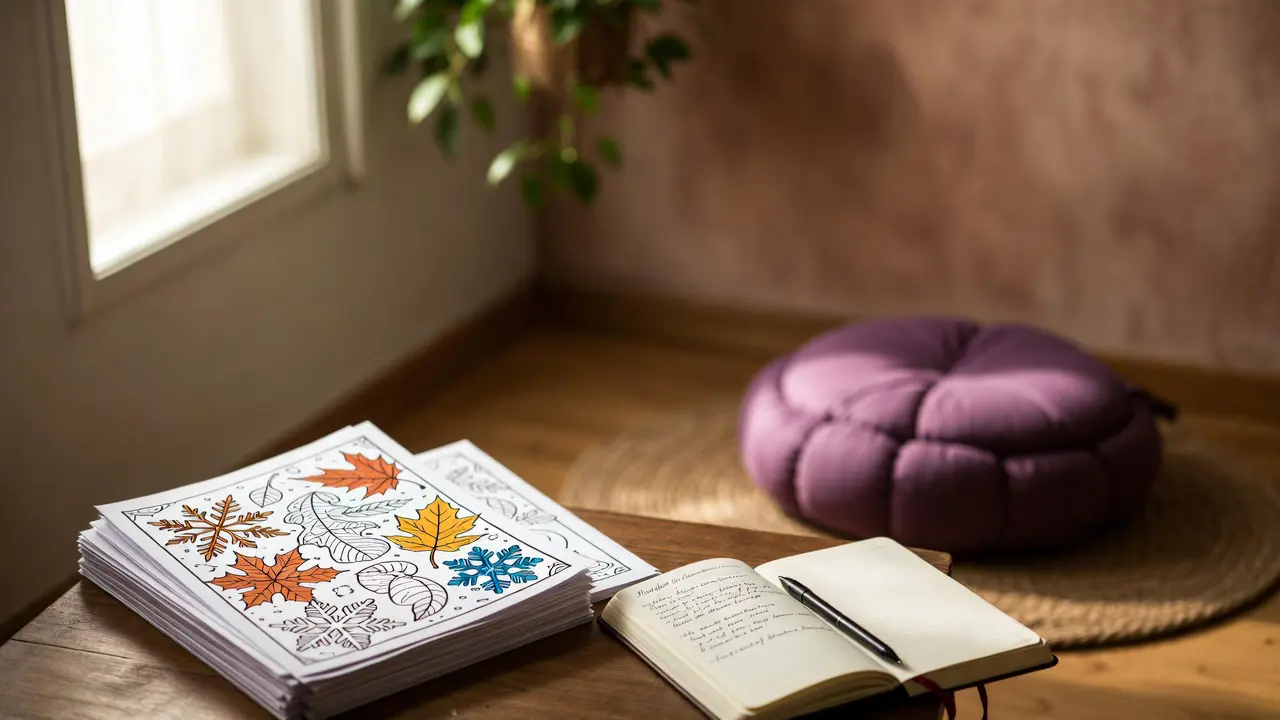 peaceful meditation corner with seasonal coloring pages, mindfulness journal, meditation cushion, and gentle lighting, creating a wellness sanctuary