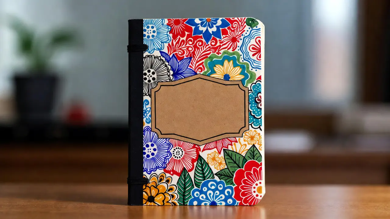 plain composition notebook covered with a finished coloring page sealed with mod podge as a personalized journal