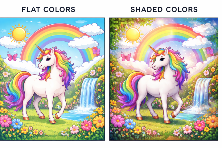 side by side comparison of flat colored page versus shaded coloring page showing added depth and dimension