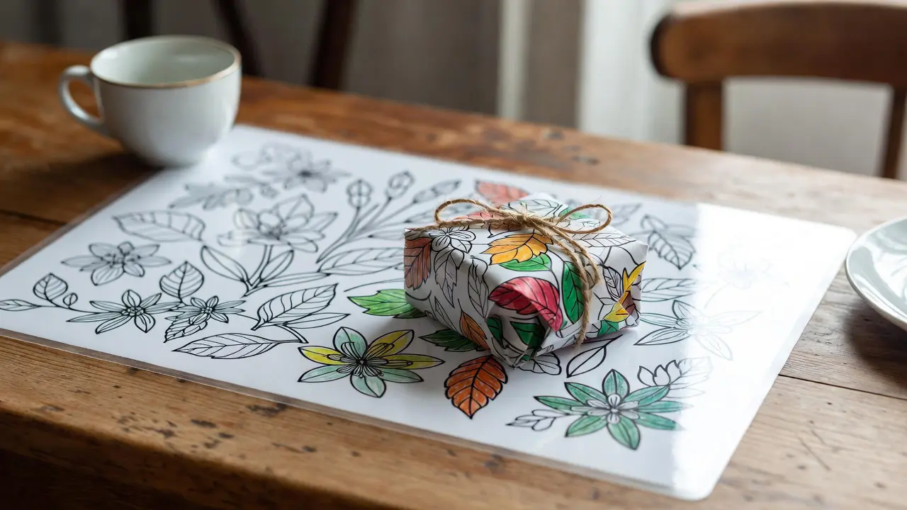 small gift wrapped in a finished botanical coloring page tied with natural twine
