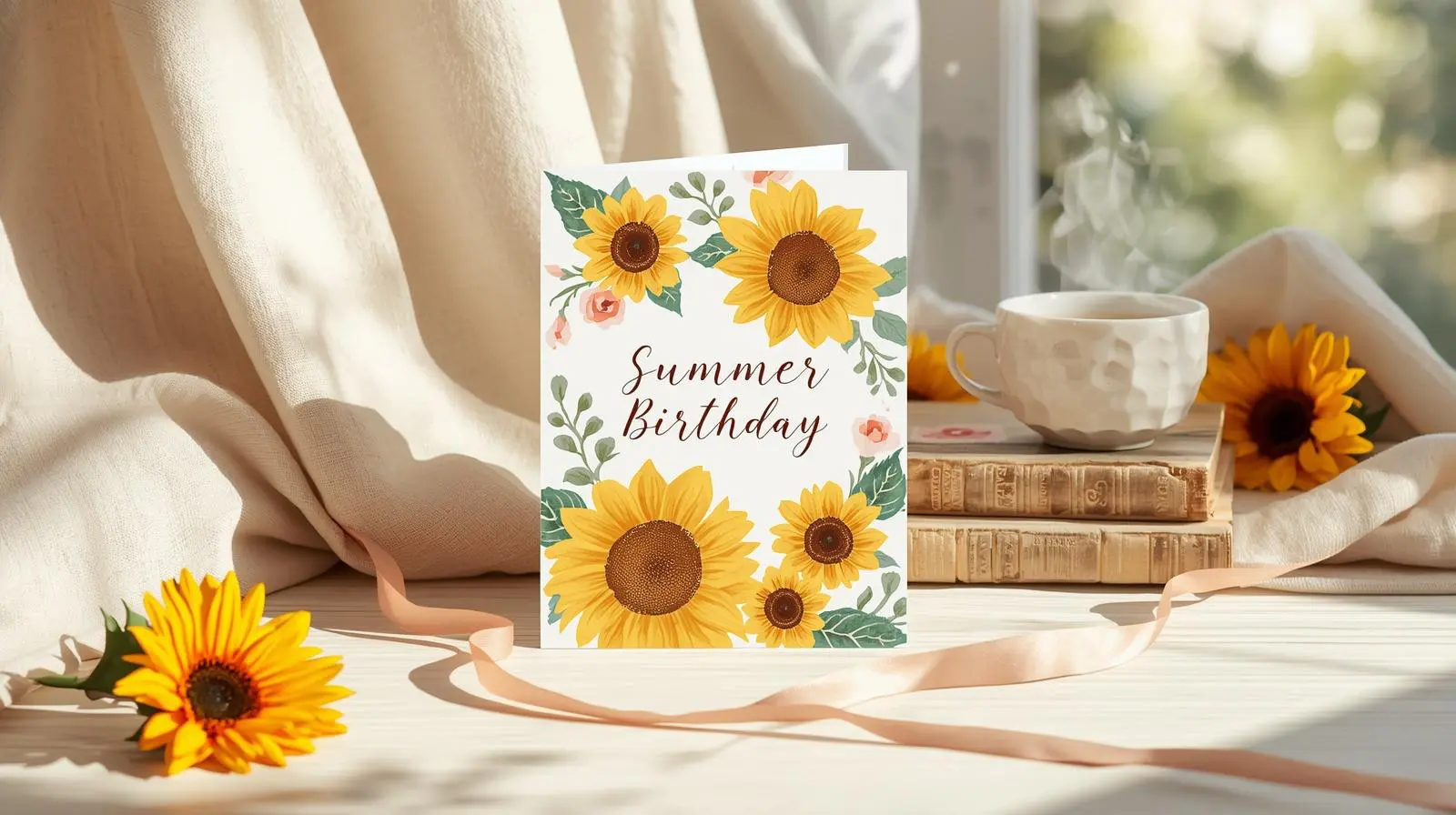 Printable summer birthday card foldable 5x7 design propped against books with sunflowers