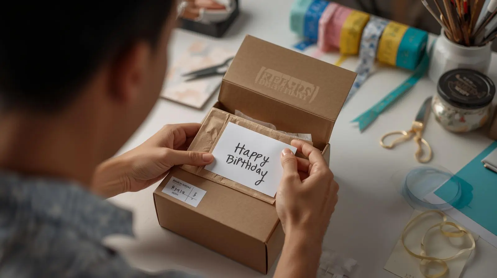 Small business owner adding a printable birthday card to a customer gift box, showing practical use for shop owners