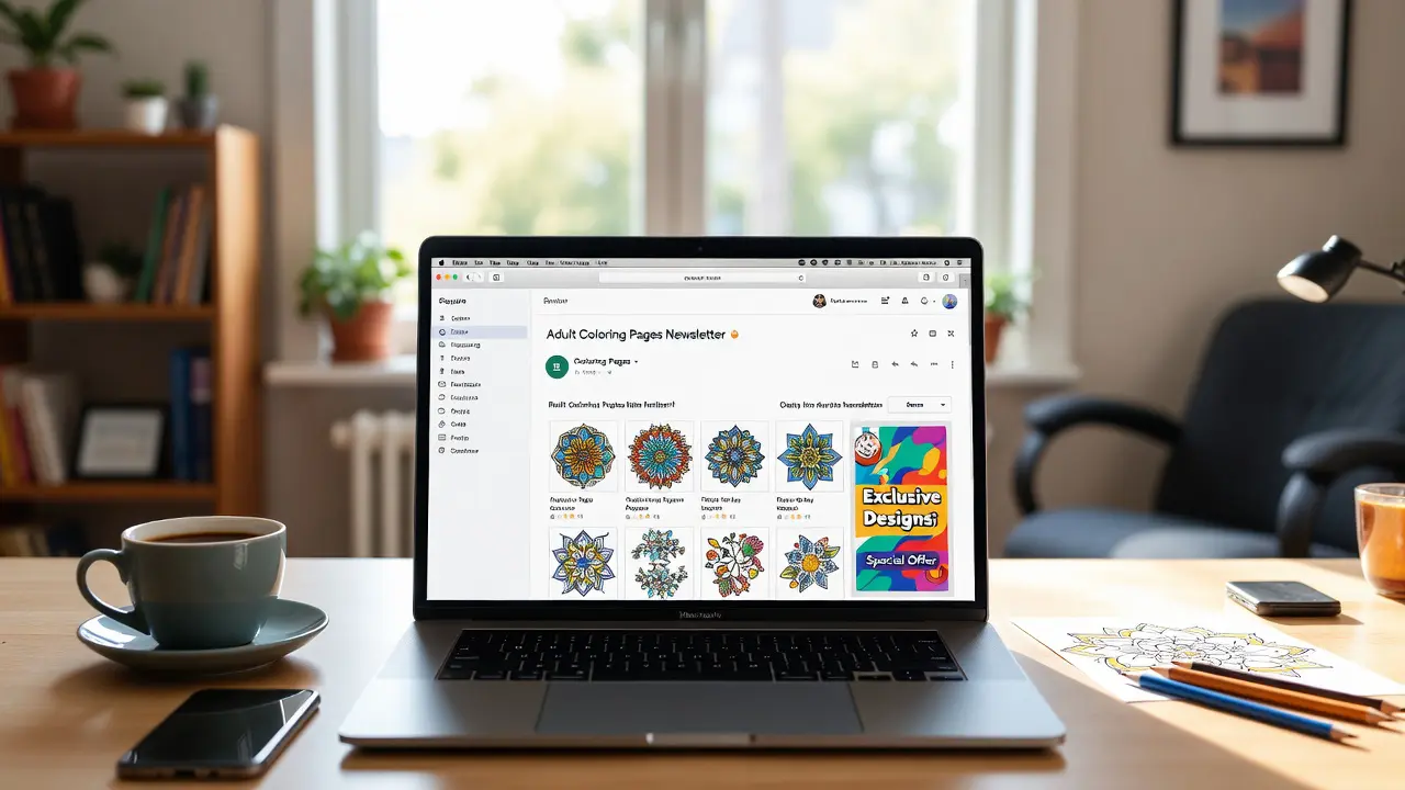 Laptop displaying adult coloring pages newsletter with exclusive mandala designs and special deals, surrounded by coffee cup, colored pencils, and printed coloring sheets on organized home office desk