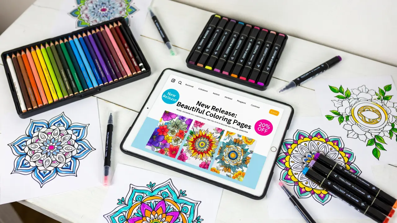 Tablet showing free printable coloring newsletter with new release announcements and discount offers, surrounded by colored pencils, markers, and beautifully completed adult coloring pages in flatlay arrangement