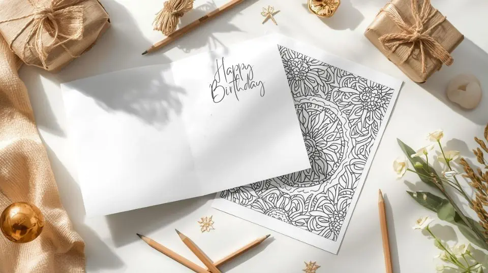 Printable birthday card displayed open next to a coordinating adult coloring page, showing gift pairing idea