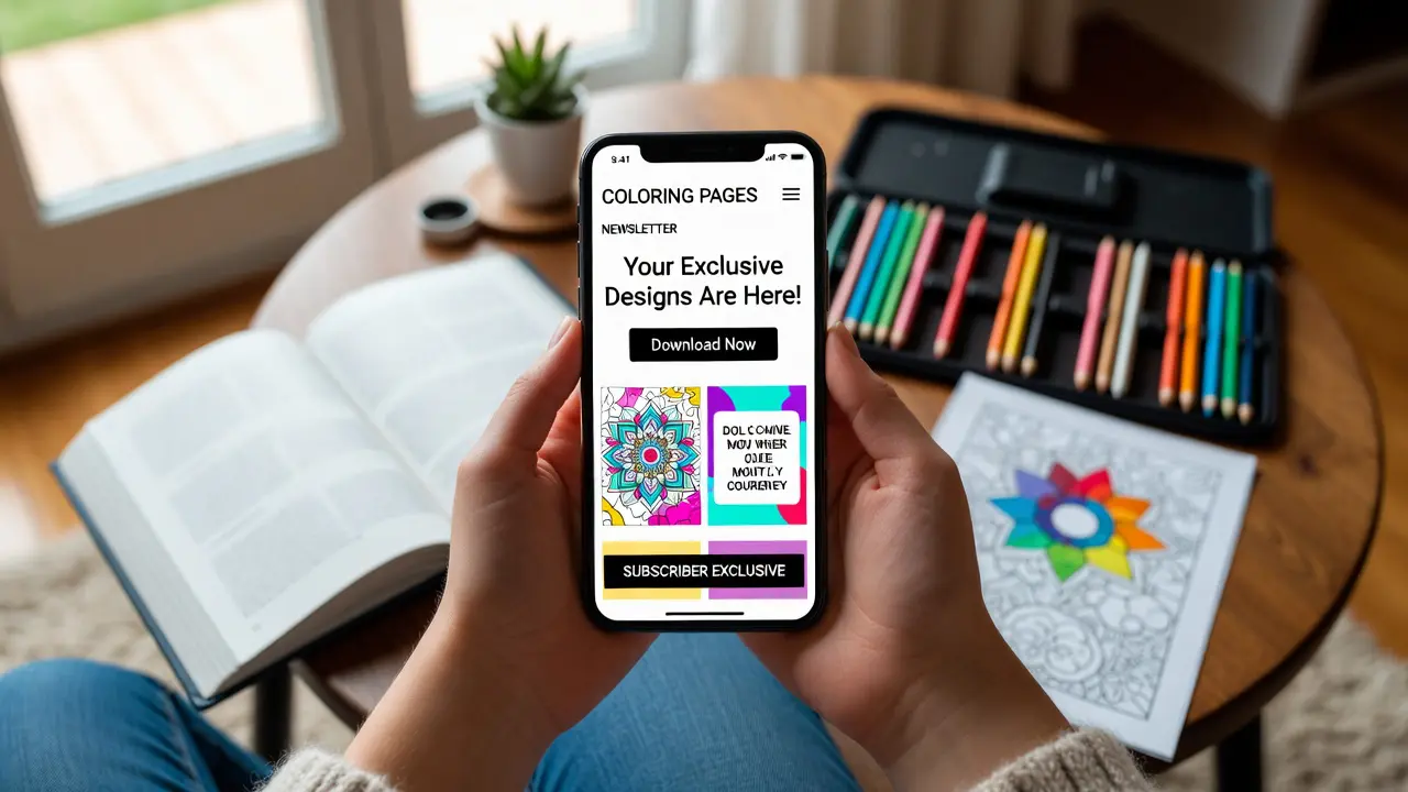 Woman viewing adult coloring pages newsletter subscription email on smartphone showing exclusive mandala designs and download buttons, with coloring supplies and partially completed pages visible in cozy home background