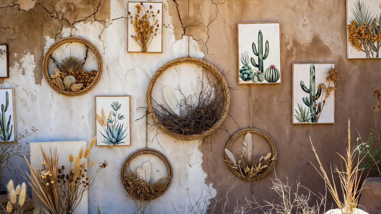 Boho desert decor styling featuring southwestern wall art, printable with natural textures and desert plants