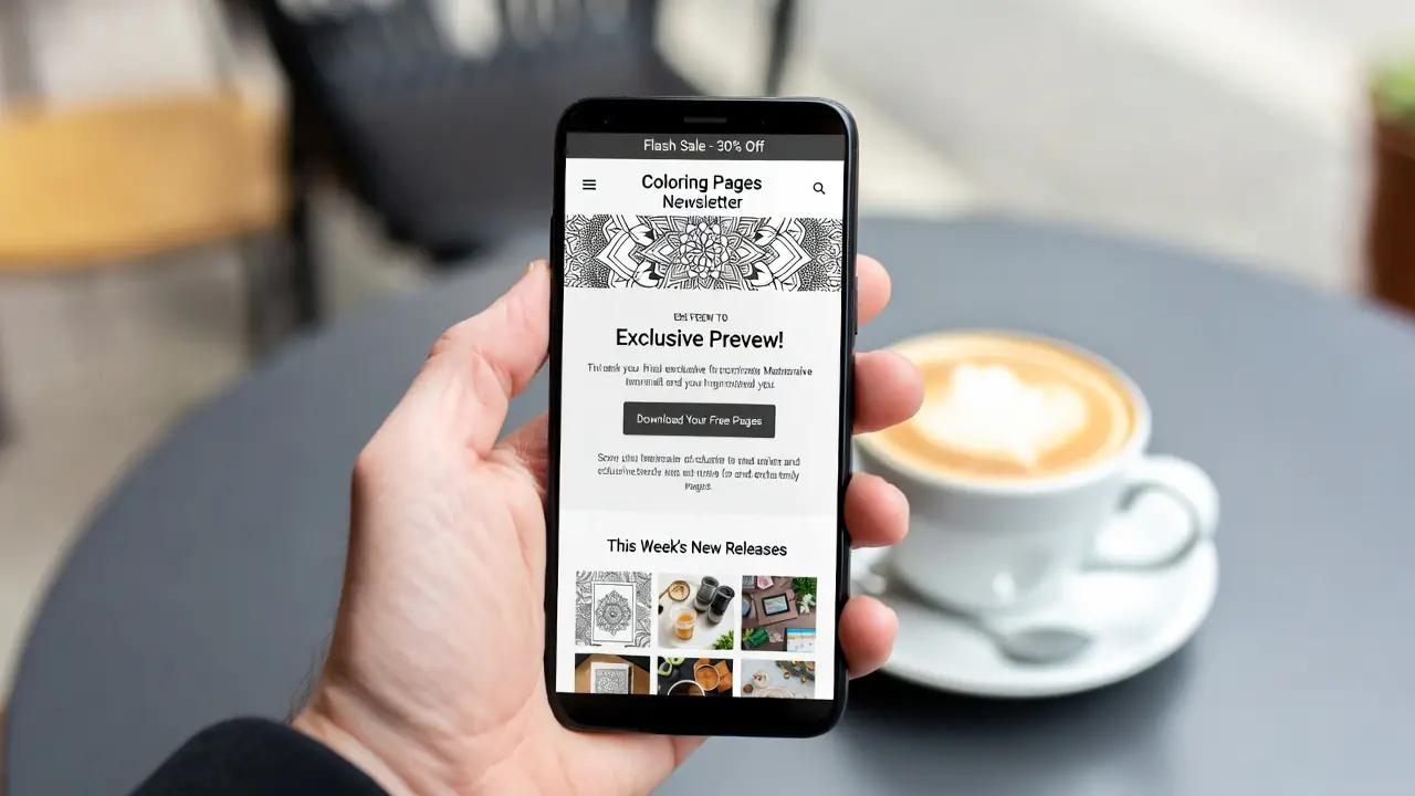 Mobile phone displaying responsive free printable coloring newsletter with exclusive designs, new releases section, and special discount offer, showing convenience of accessing coloring content anywhere