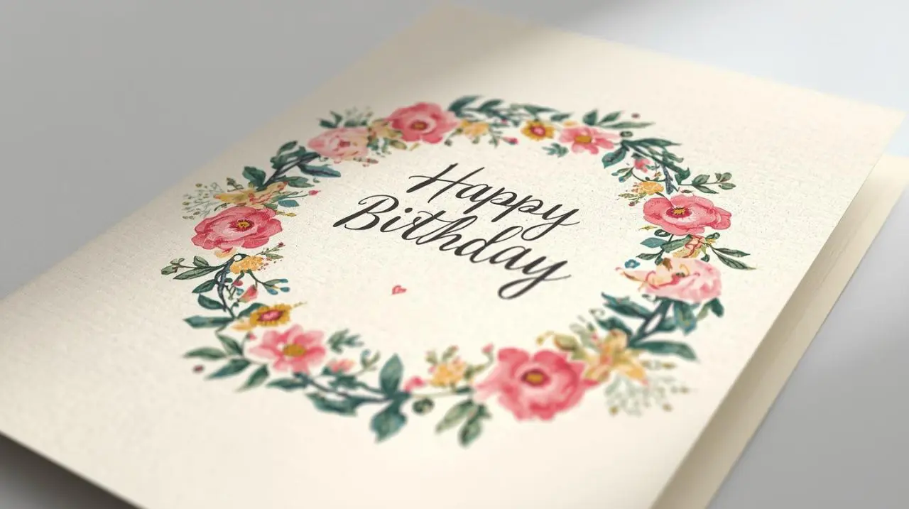 Close-up of printable birthday card template with floral design, printed on cream cardstock and folded