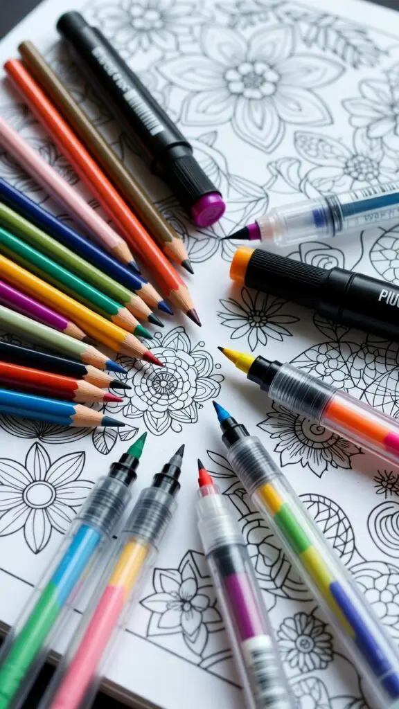 Collection of colored pencils markers and gel pens