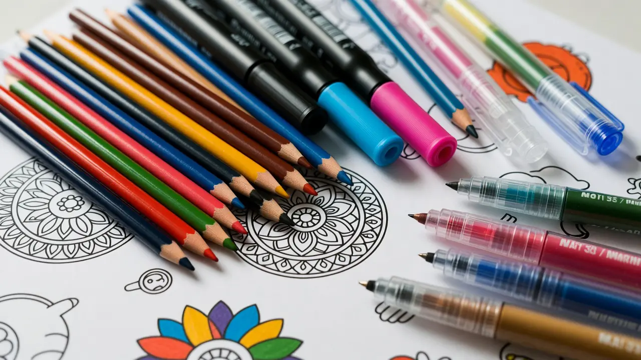 Collection of colored pencils, markers, and gel pens arranged on a coloring book page showing various coloring book techniques and supplies